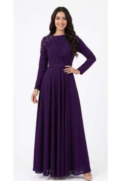 unbranded Women's Purple Chiffon Maxi Evening Dress with Embellished Shoulder...