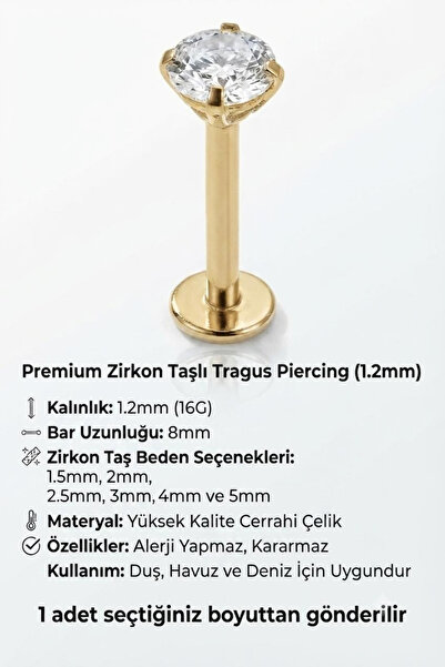 Blisse Piercing 8mm Zirkon Taşlı Tragus Helix Kıkırdak Dudak Kulak Burun Cerr...