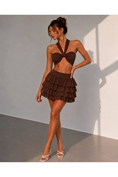NİCE STYLE Women's Belt Detail Skirt Crop Full Lycra 3-Piece Set