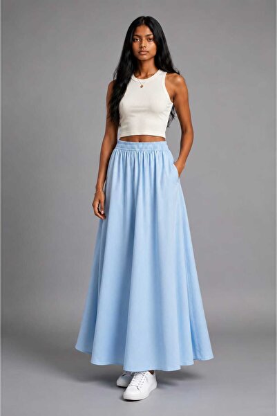 Semra Aras Draped Cupra Fabric Maxi Skirt with Elastic Waist and Side Pockets