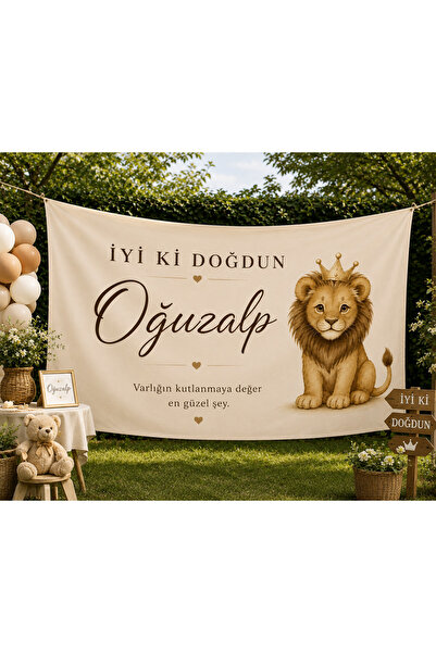 Piloji Kişiye Özel Aslan Temalı İyi Ki Doğdun Doğum Günü Duvar Örtüsü Kumaş A...