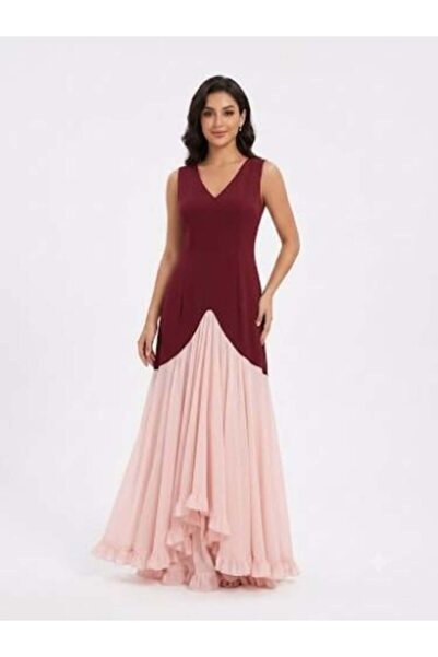 unbranded Women's Burgundy & Blush Color Block Chiffon Maxi Evening Dress wit...