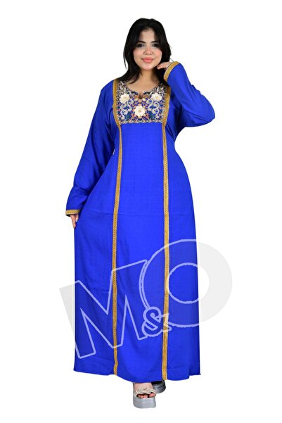 M&O 2 Linen Jalabiya with Lace Trim and a Gold-Colored Ribbon on Both Sides o...