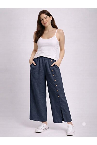 AYASOFYA OTANTIK Women's Italian Navy Blue Elastic Waist Plain Pattern Button...