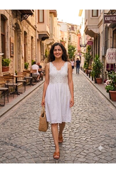 AYASOFYA OTANTIK Women's Italian White Strappy Lace Detailed Lined Viscose Mi...