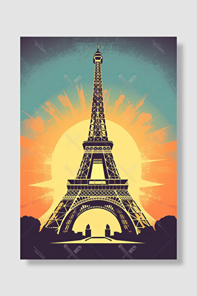 Luna Marissa Poster Turnul Eiffel Retro Portocaliu Soare Turcoaz Siluetă Pari...