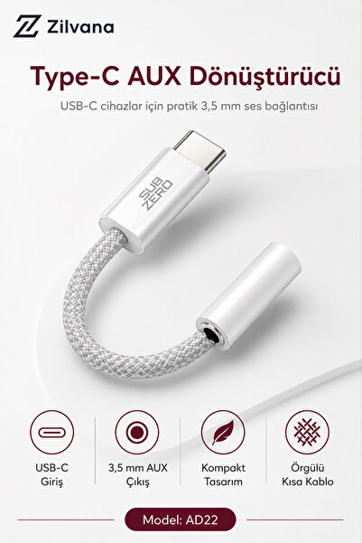 Zilvana USB-C to 3.5 mm AUX Dişi Ses Dönüştürücü Kısa Örgülü Adaptör – Beyaz