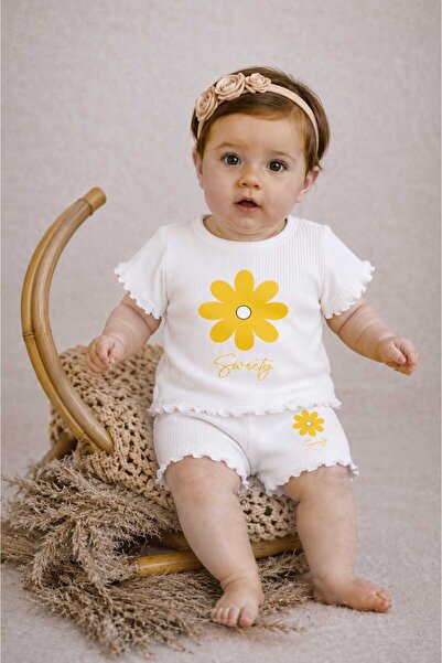 neocotton Baby Girl Daisy Printed 2-Piece Ribbed Set with Shorts