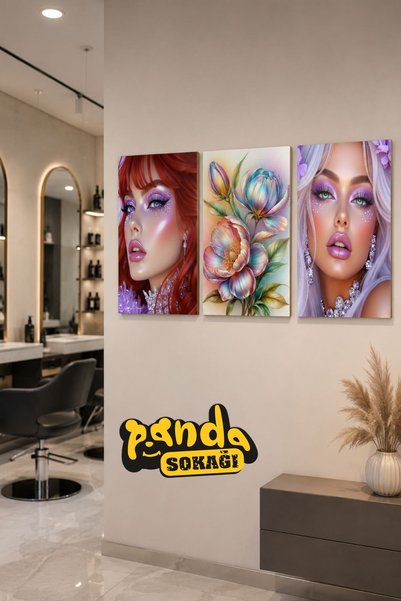 PANDA SOKAĞI 3’lü Kuaför ve Güzellik Salonu Dekoratif Ahşap Tablo Seti – Renk...