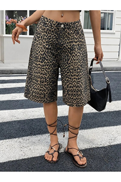 stelol Women's High Waist Leopard Pattern Detailed Short Denim Shorts