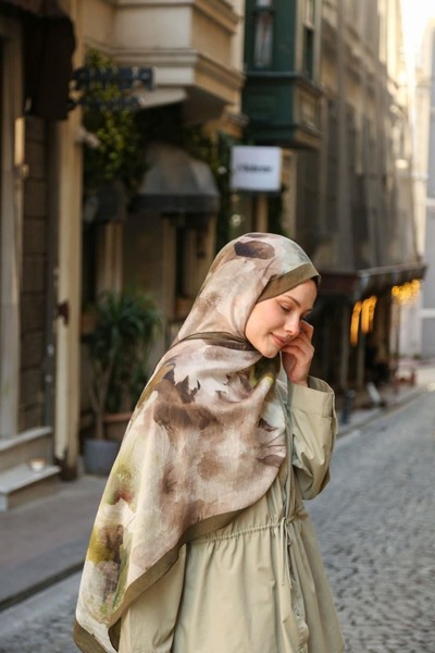 ENRİCO FERRİ Allure Abstract Floral Pattern Tencel Shawl - Khaki Mink