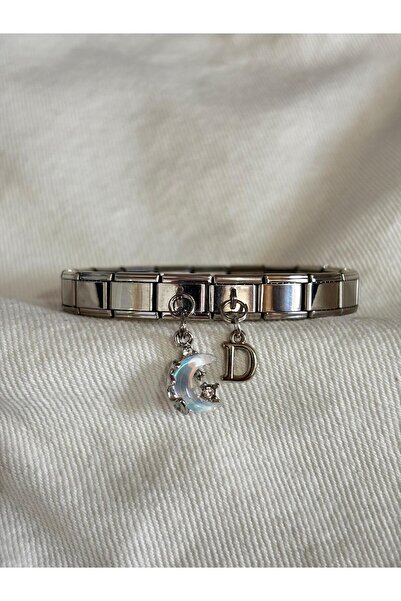 bijoux uniques Çelik ay figürlü D harfli italyan charm bileklik