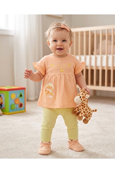 Ege Bebek Baby Girl Floral Printed Orange Blouse with Green Capri Leggings 3-...