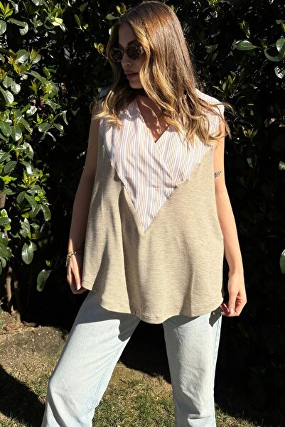 Moda4x4 ملابس نسائية باللون البيج، ياقة على شكل حرف V، بدون أكمام، بلون موحد،...