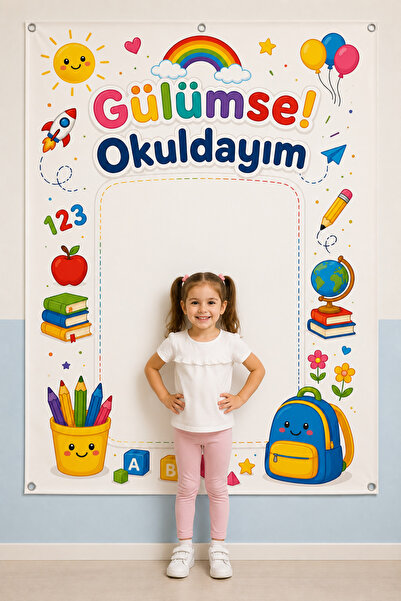 lagun reklam Okulda İlk Gün Fotoğraf Brandası 100x150 cm – Gülümse! Okuldayım...