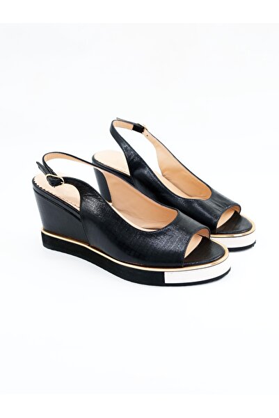 Tenau Women's Genuine Leather Wedge Heeled Shoes Black