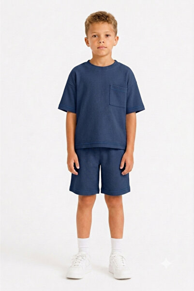 monox Boy's 5-12 Years Old Honeycomb Textured Oversize Shorts and T-Shirt Set