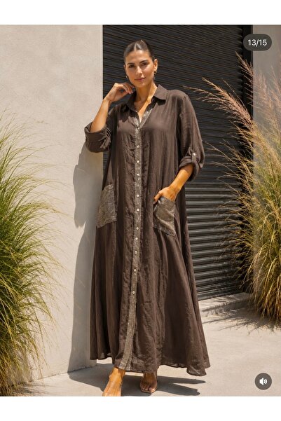 yusracollectionn Italian Linen Long Shirt Dress with Pockets Oversize Relaxed...