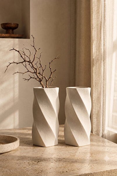 Cuale Design Set of 2 Curved Modern Decorative Ceramic-Looking Matte Vases, 1...