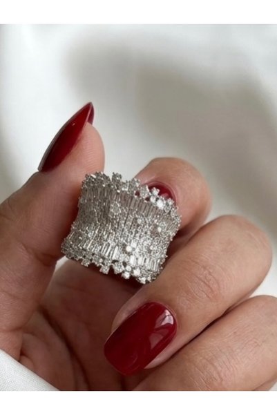 KAYANCLICK Stainless Steel Wide Ring with Crystal Embellishments and Textured Finish