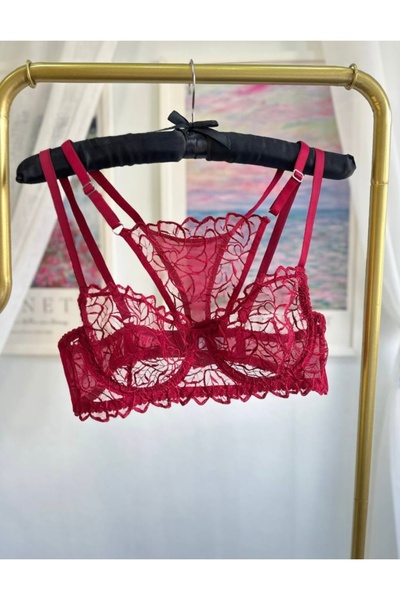 Orchid Bordo Çiçek Desenli Dantel Sütyen Tanga Takım