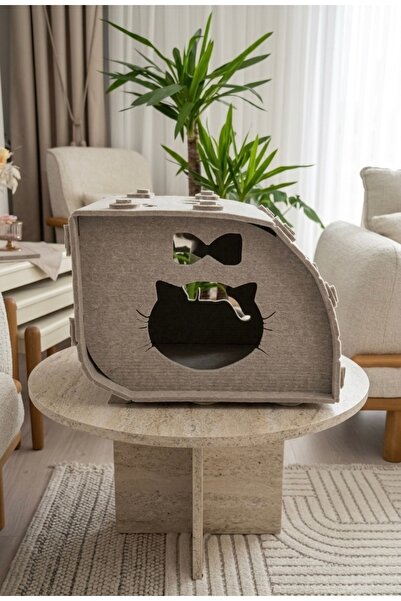 Sevimli Kedi Tasarımlı Keçe Kedi Kulübesi - Kurulumu Kolay Dekoratif Kedi Evi