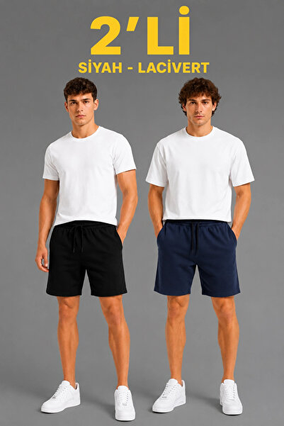 ERTAŞ TREND STORE Men's 2-Piece Cotton Shorts 3 Thread Threadless Elastic Lac...