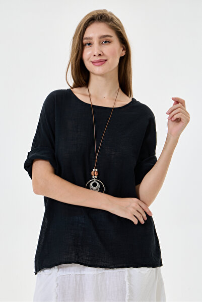 della moor Black Italian Oversize Blouse with Necklace, Size 40 - 44