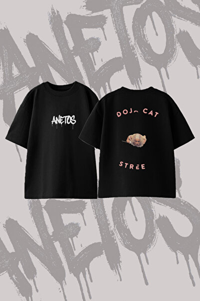 Anetos Doja Cat_14 Dizajn, pamučna crna oversize majica sa štampanim leđima