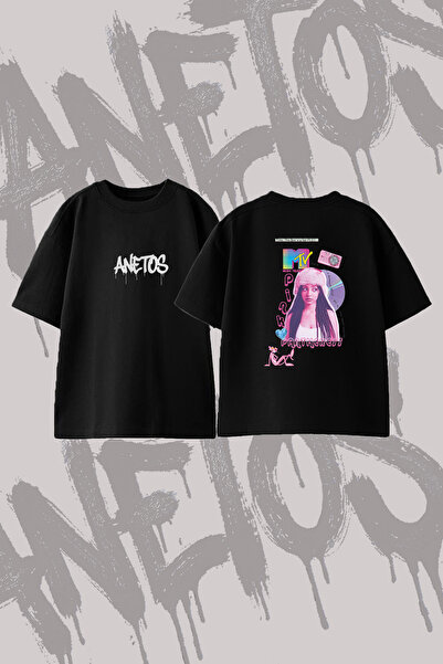 Anetos Pinkpantheress Pinkpanther Design Back Printed Cotton Black Oversize T...