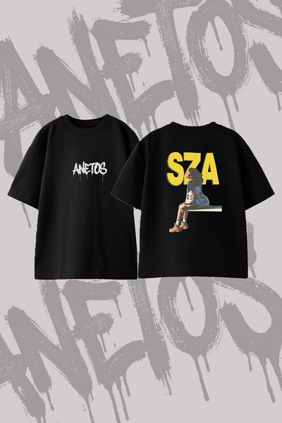 Anetos Sza Sos Design Back Printed Cotton Black Oversize T-Shirt