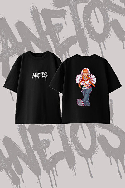 Anetos Y2K Girl Design Back Printed Cotton Black Oversize T-Shirt