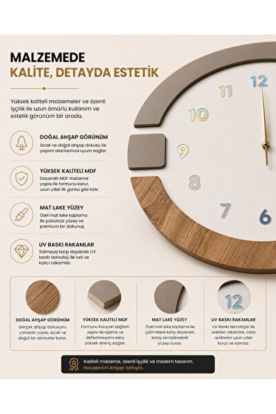 Nixar Desing Sessiz Mekanizmalı Modern Geometrik MDF Duvar Saati Gri Ahşap Görünümlü Duvar Saati 42x42 cm
