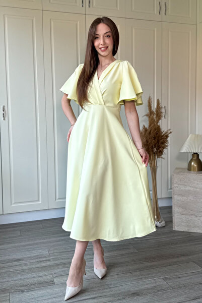 Dilay Gökoğlu Butik V-Neck Ruffled Midi Dress with Flounce Sleeves