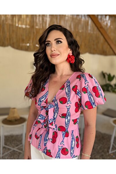 Sedef Onan Marin Desenli Pembe Balon Kol Gömlek