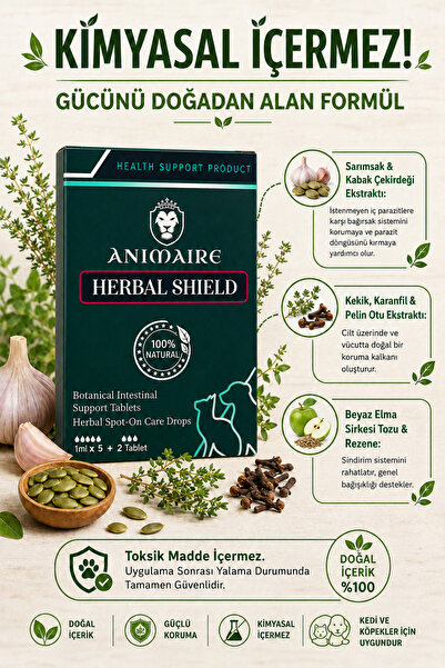 Animaire Herbal Shield Kedi Ve Köpek İç Dış Parazit Koruyucu Set - 5 Adet Bit...