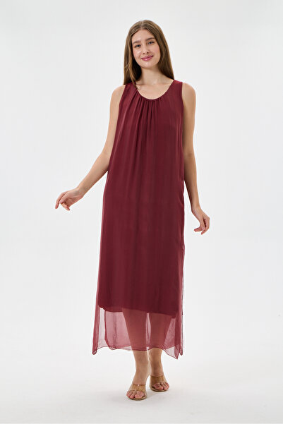 della moor Burgundy Italian Zero Sleeve Lined Plain Silk Dress Size 38 - 42