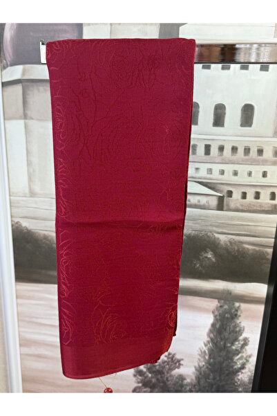 LuvenSara Red Jacquard Rose Patterned Cotton Shawl