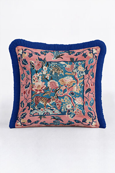 Evimde Bambaşka Exotic Tiger and Flower Garden Fringe Pillowcase - Ethnic Jun...