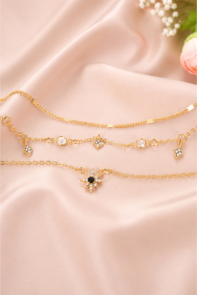 TREND COLLECTİON Kadın Gold Renk Üçlü Katmanlı Taşlı Yıldız Kolye