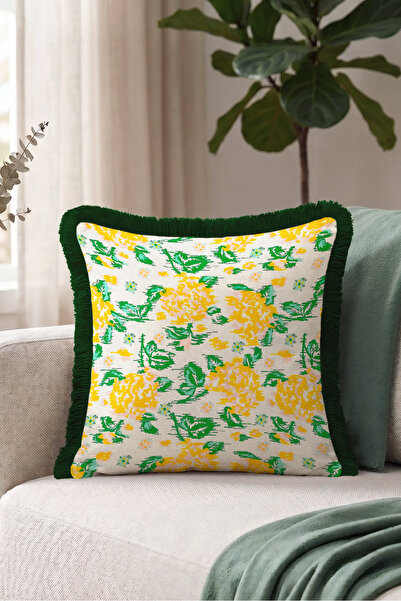 Evimde Bambaşka Elegant Fringed Pillowcase with Floral Spring Garden Motif - ...