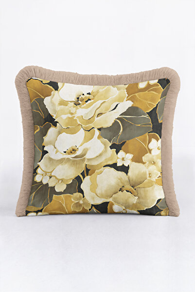 Evimde Bambaşka Floral Pattern Beige Fringed Pillowcase-Elegant Floral Modern...