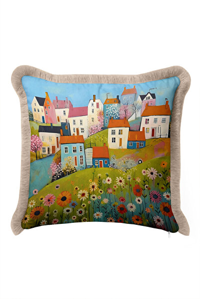 Evimde Bambaşka Pastel Fringed Pillowcase with Floral Village View - Country ...