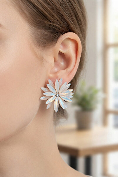 Lisinya Lotus Model White Color Crystal Stone Women's Earrings -