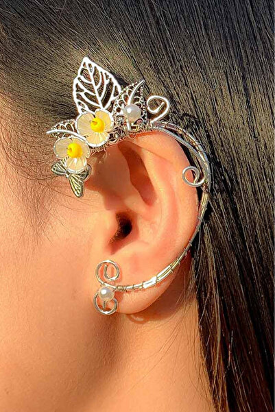 VeeShop Cercel ear cuff wrap, hand made, ureche de elf din fir metalic, cu fl...