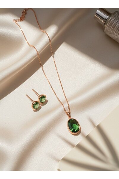SR Jewelry Box Yeşil Doğal Taş Görünümlü Kolye ve Küpe Seti – Gold Çerçeveli ...
