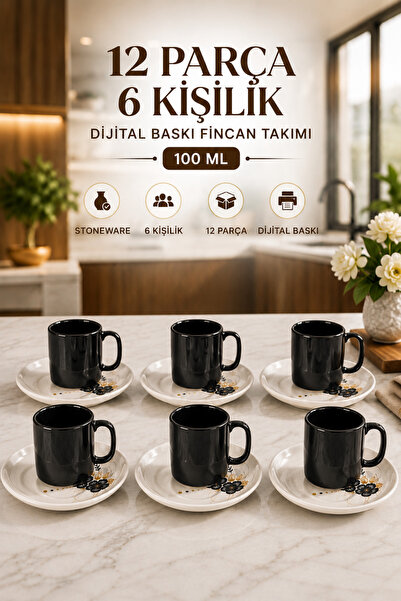 L'eDoren Seramik 12 Parça 6 Kişilik Türk Kahvesi Fincan Takımı 100 ml Kahve Seti