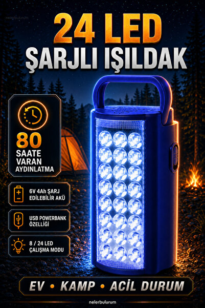 nelerbulurum Şarjlı 24 LED Işıldak 80 Saate Kadar Aydınlatma USB Powerbank Ol...