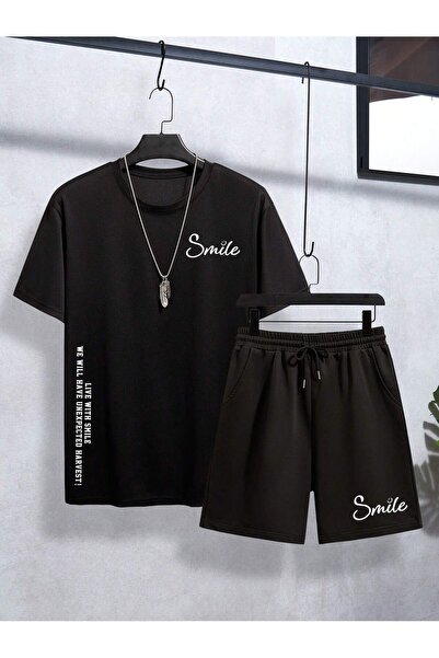 Boi Smile Text T-Shirt Shorts Koboistdin Set - Black Printed Oversize Crew Neck