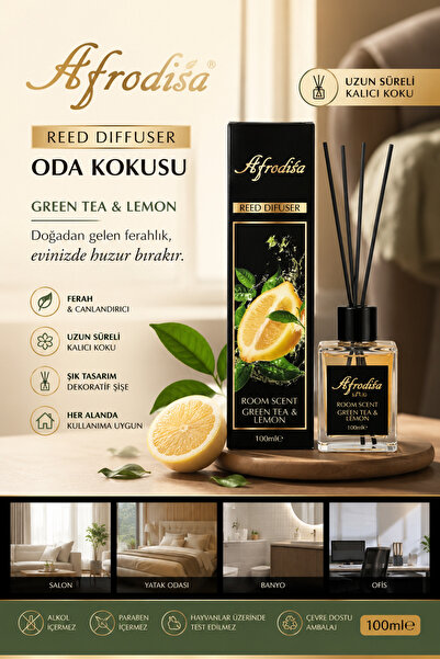 AFRODİSA Green Tea & Lemon Oda Kokusu 100 ml | Ferahlatıcı Bambu Çubuklu Oda Parfümü